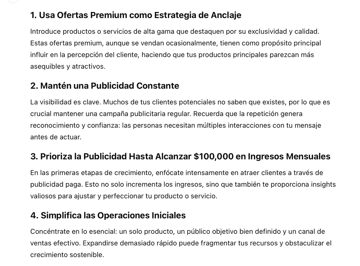 Screenshot of Spanish text listing the first four of eight sales tips: use premium offers as an anchor, advertise consistently, prioritize paid ads, and simplify early operations.