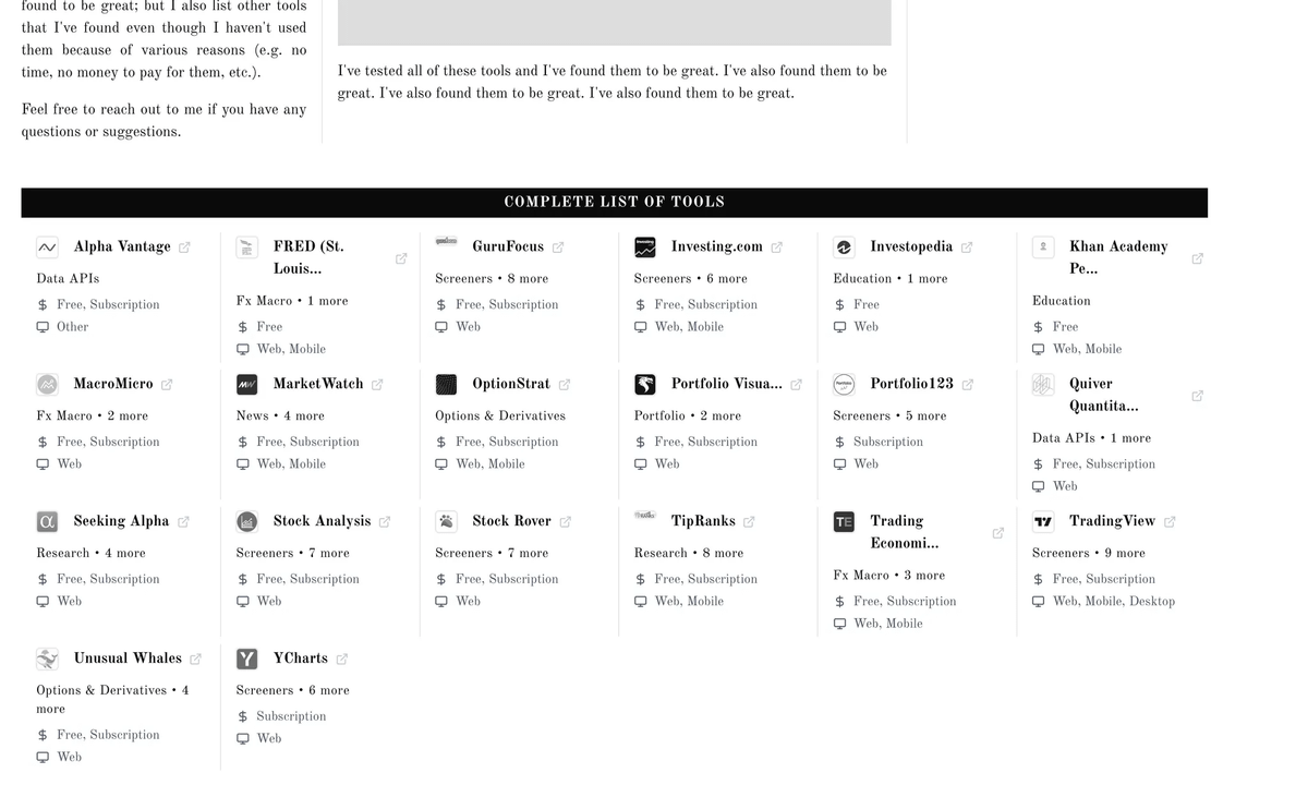 Screenshot of a Find My Moat page with a grid of financial tools, their categories, pricing, and supported platforms.