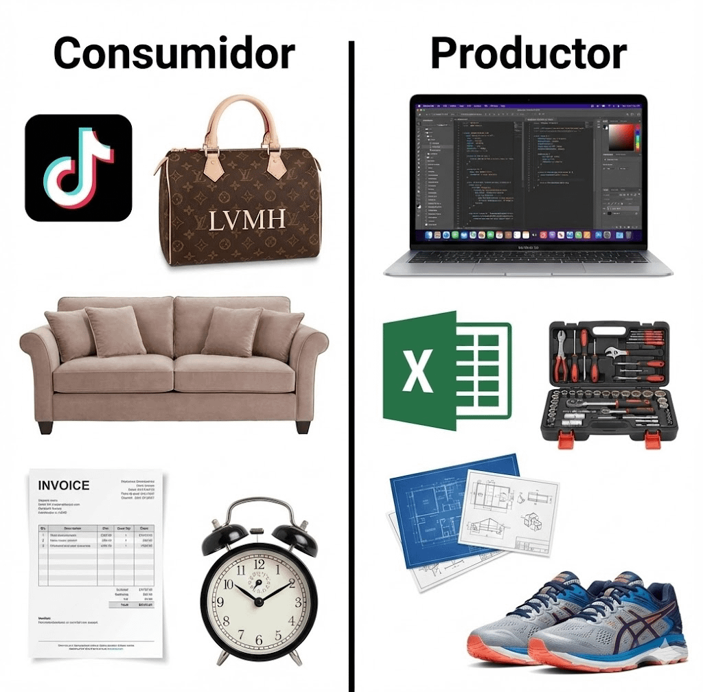 Infografía que contrasta «Consumidor» y «Productor»: compras, ocio y facturas frente a herramientas y habilidades para crear. Plantea pasar de espectador a creador.