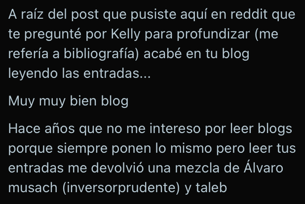 Screenshot of a private message praising the blog: the sender says its posts renewed their interest in reading blogs.