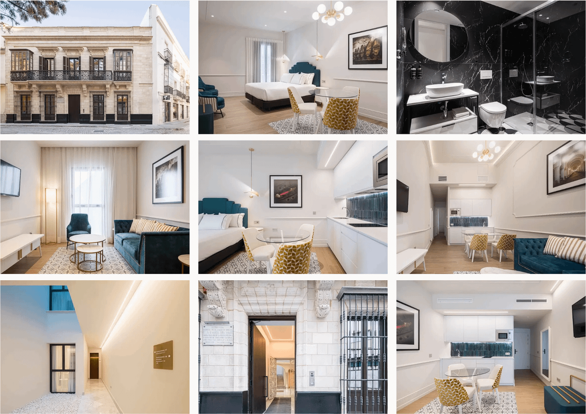 Collage de nueve imágenes de un hotel: fachada clásica, habitaciones luminosas, baños modernos y espacios interiores en tonos blancos y azul oscuro.