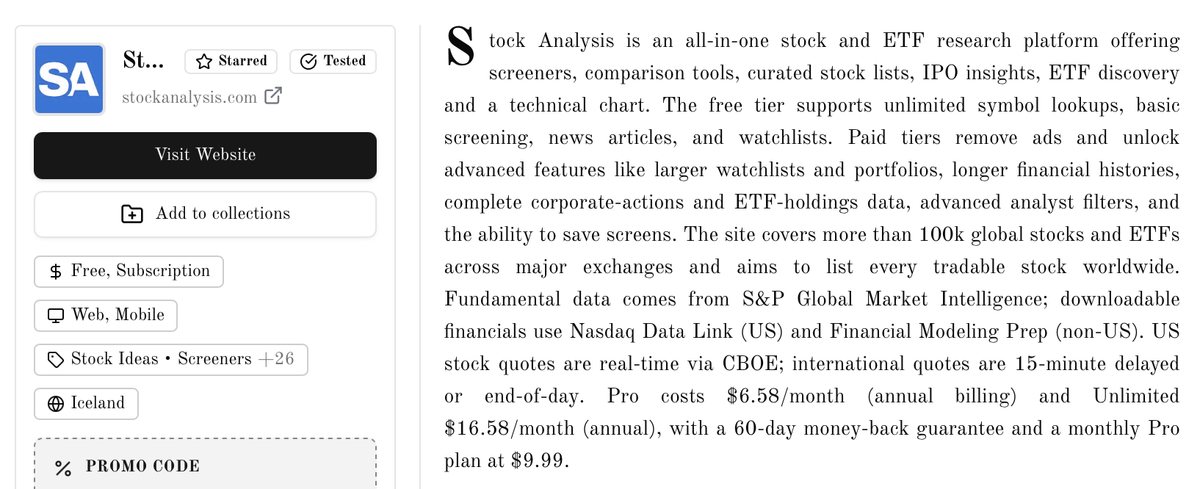 Captura de la ficha de Stock Analysis: muestra funciones, precios de suscripción y un apartado para código promocional.