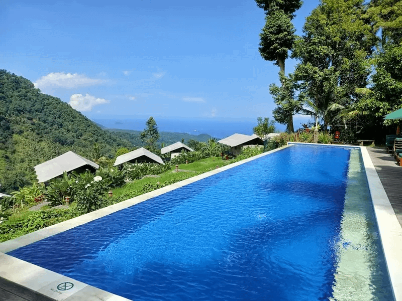 Piscina infinita azul en un hotel entre jardines tropicales, con cabañas y montañas verdes al fondo.