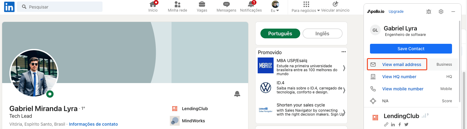 Usando apollo como extensão no linkedin