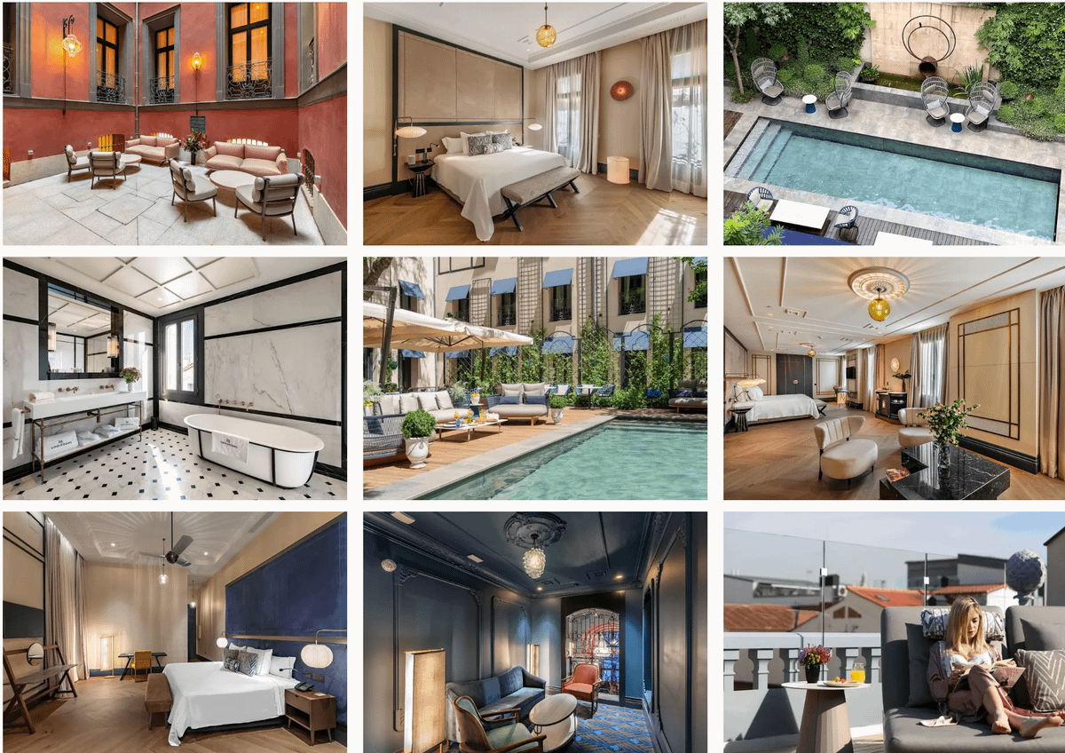 Collage de nueve imágenes de interiores y exteriores de hoteles: habitaciones, salones, baños y piscinas con estilos variados.