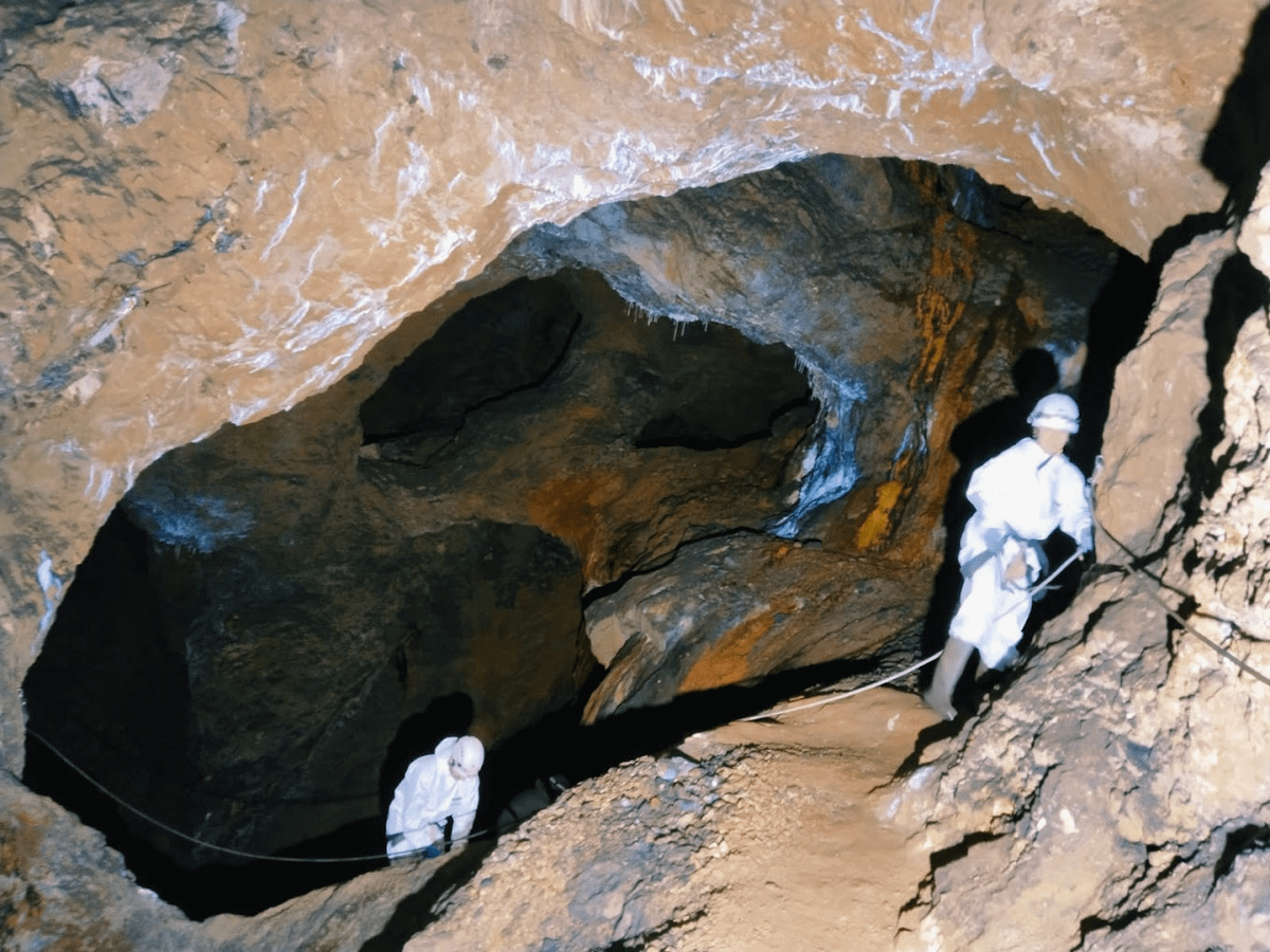 Dos personas con cascos y arneses avanzan por una vía ferrata en una enorme cueva de roca, con un gran abismo oscuro debajo.