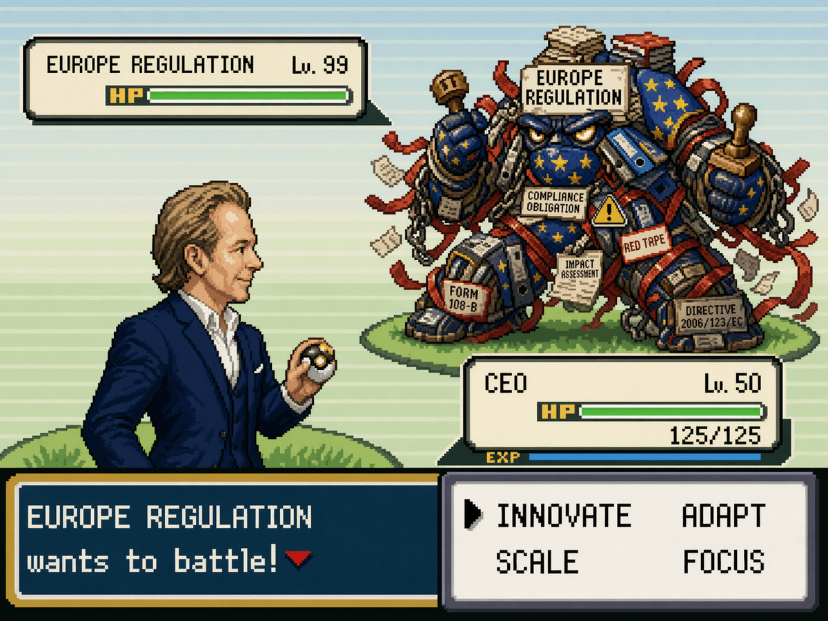 Pixel-art illustration of a man holding a small orb before a paperwork-covered «European regulation» monster; a status panel shows European regulation at level 9.9, obstructing gameplay.